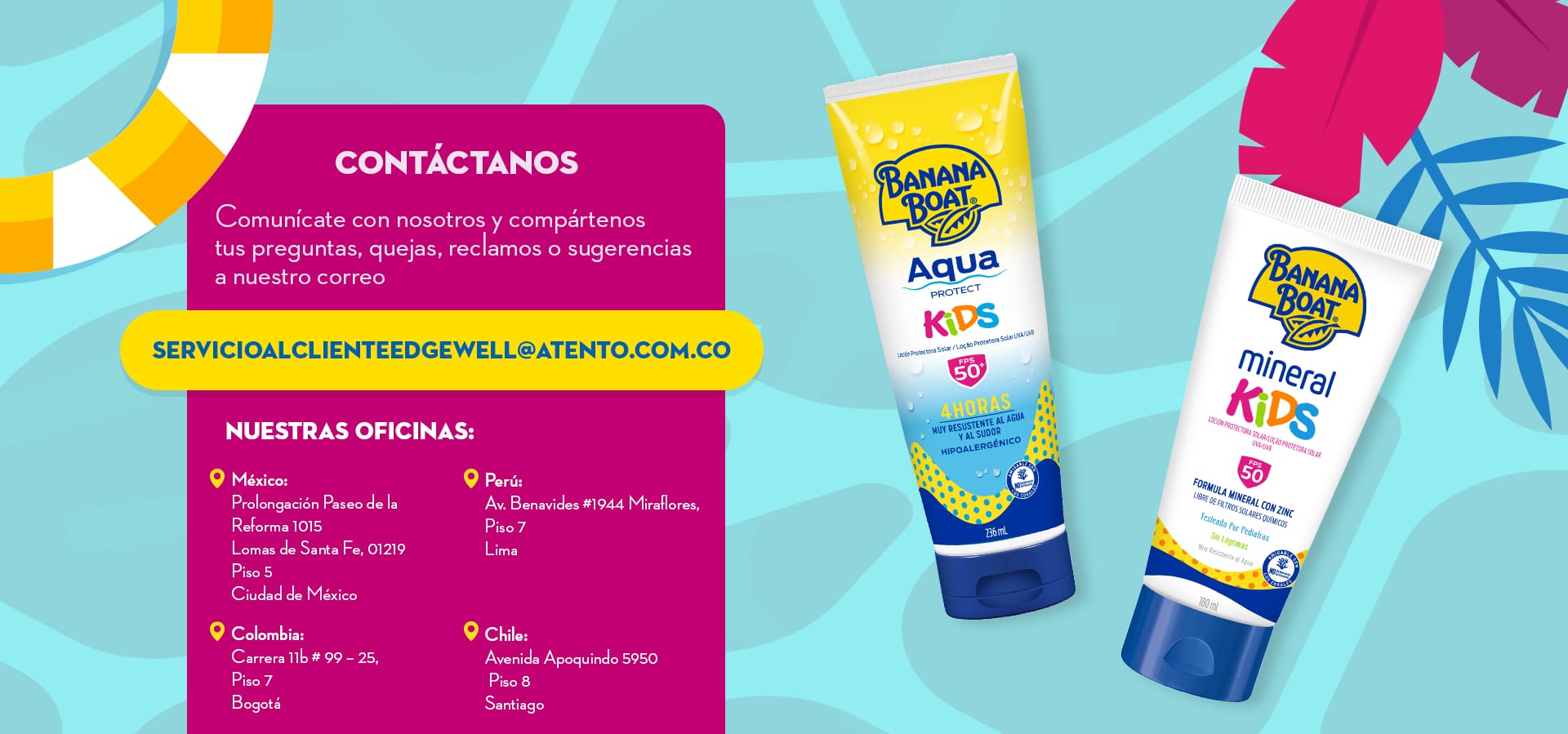 Banner de contacto de Banana Boat, conoce toda nuestra información