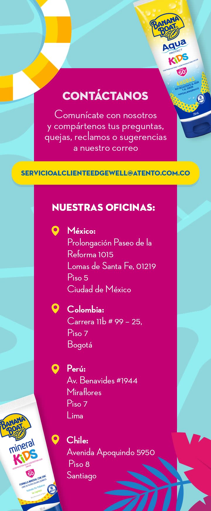 Contactanos, aquí encontraras toda nuestra informacion corporal. Banana Boat